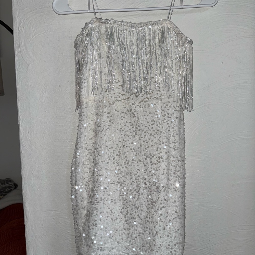 Strapless Silver Sequin Fringe Cocktail Dress